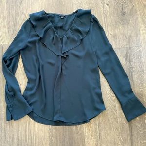 Ann Taylor Dark Navy Blue Black Ruffle Collar V-Neck Long Sleeve Blouse Cuffed S
